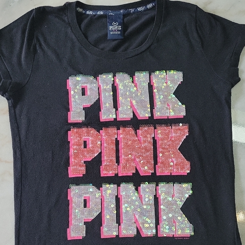 PINK Victoria's Secret Black Tee with Pink Sequin Logo